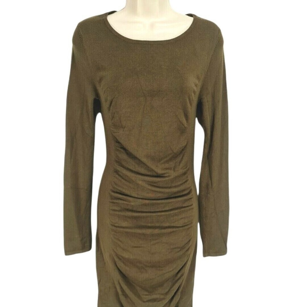 Express Olive Green Runched Midi Long Sleeve Dress